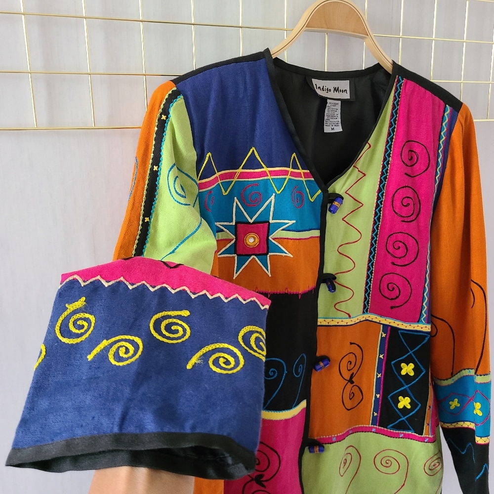 Indigo Moon Art to Wear Patchwork Color Block Flax Blend Jacket - Picture 5 of 10